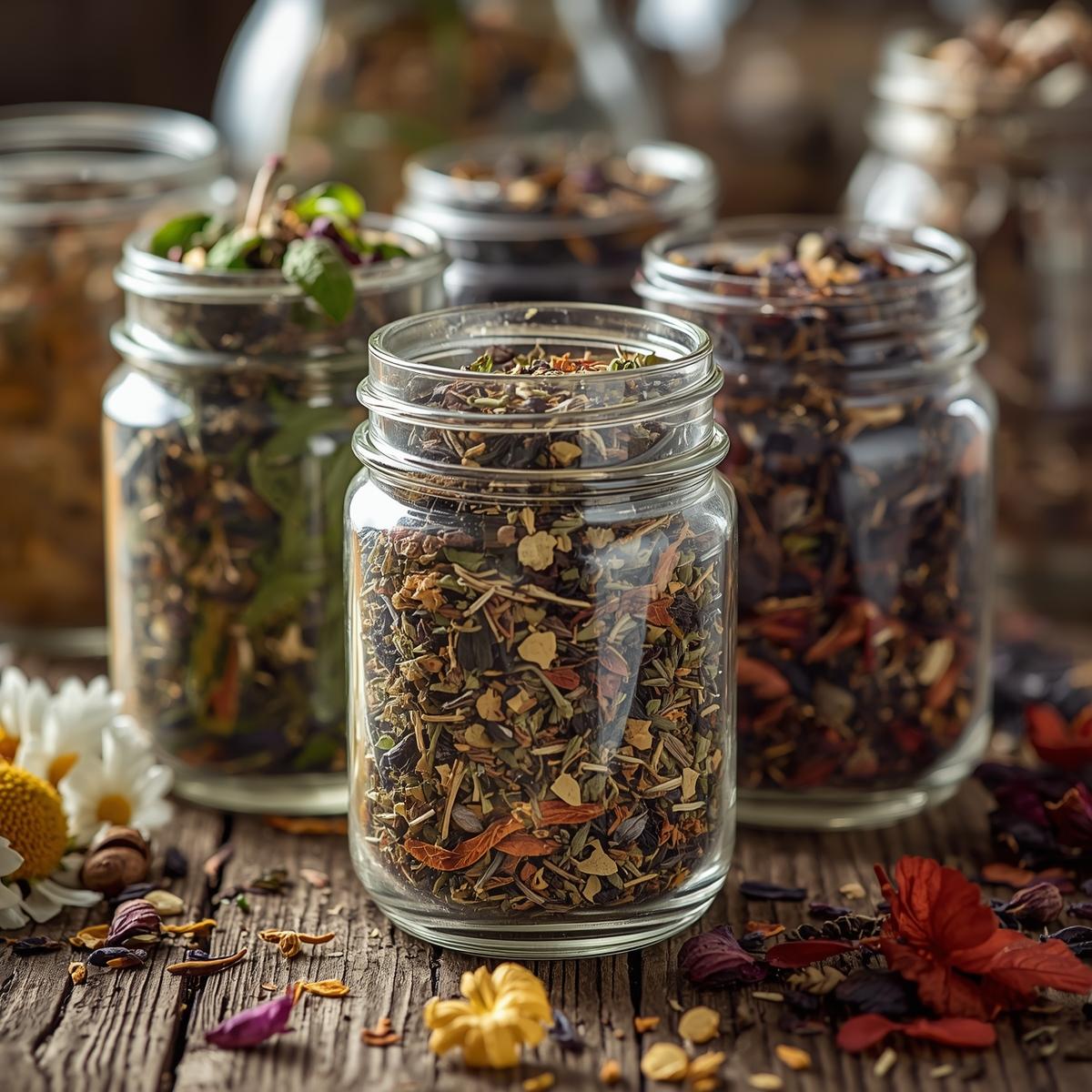 Homemade herbal tea blends in glass jars